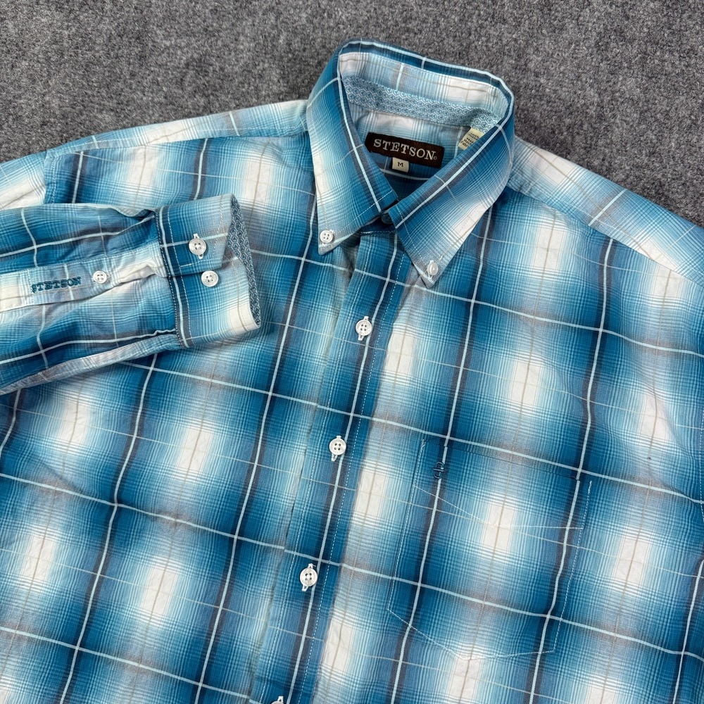 Stetson Button Down Shirt Mens Medium Green White Plaid Long Sleeve Flip Cuff